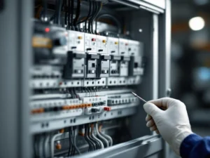 Elektriker mit Handschuhen wartet Schaltschrank mit Sicherungen, Relais und ordentlich verlegten Kabeln