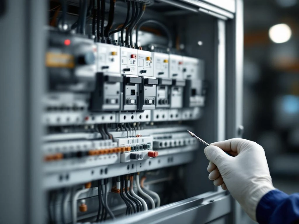 Elektriker mit Handschuhen wartet Schaltschrank mit Sicherungen, Relais und ordentlich verlegten Kabeln
