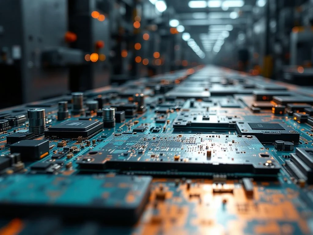 Elektronikproduktionsanlage mit korrodierten Leiterplatten in Kupfer- und Türkistönen, metallische Oberflächen mit Oxidation