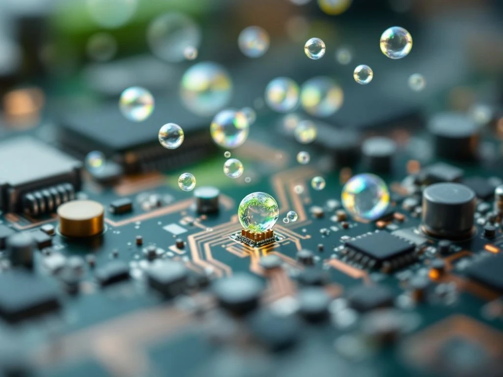 Elektronische Platine mit Kupferleiterbahnen und beginnender grünlicher Korrosion, schwebende Gasmoleküle darüber