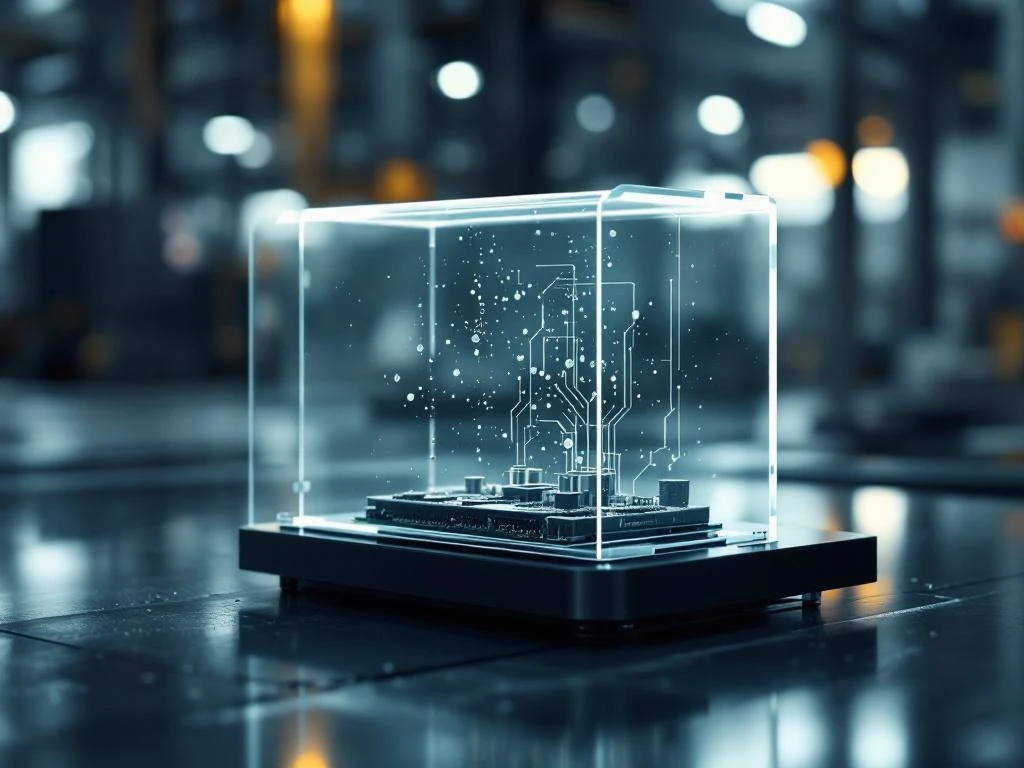 Elektronische Steuerplatine in transparenter Schutzverkleidung in industrieller Umgebung mit Kondensationstropfen