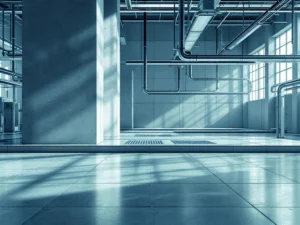 Moderne Elektronikfertigung mit geometrischen Montagebändern, metallischen Oberflächen und industriellen Lüftungssystemen