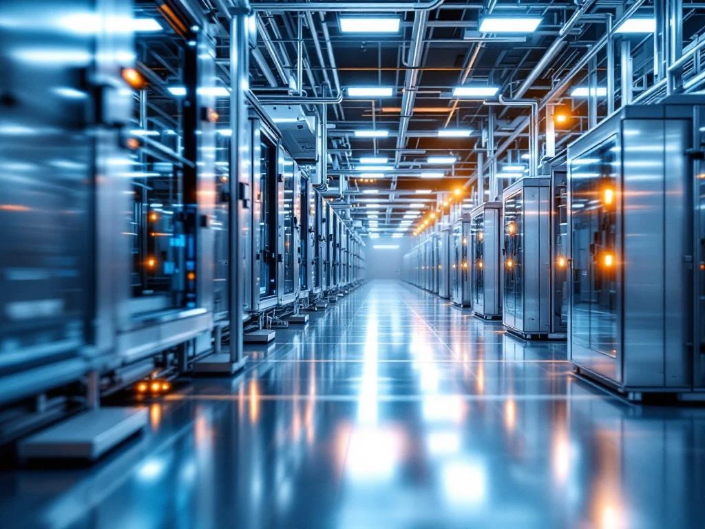 Moderne Elektronikproduktionsanlage mit Edelstahloberflächen, LED-Beleuchtung und geometrischen Strukturen