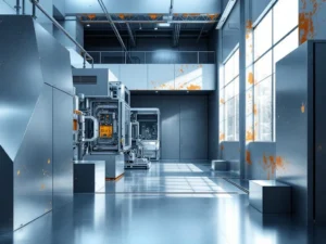 Industrielle Elektronikfertigung mit korrodierten Metalloberflächen und modernen Leiterplattenmaschinen bei dramatischer Beleuchtung