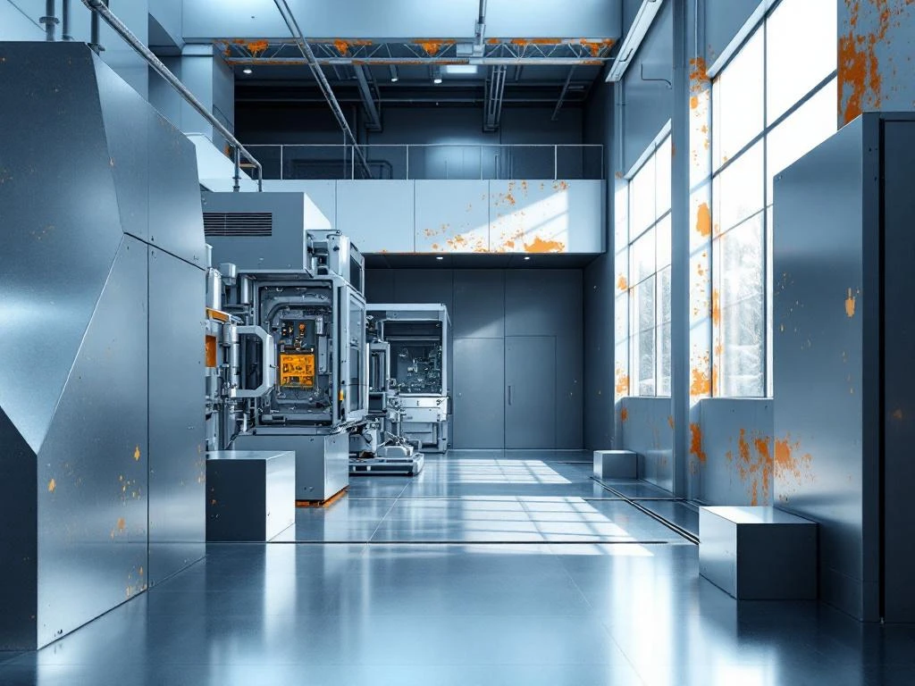 Industrielle Elektronikfertigung mit korrodierten Metalloberflächen und modernen Leiterplattenmaschinen bei dramatischer Beleuchtung