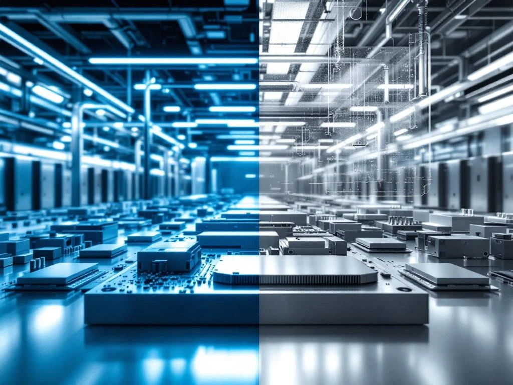 Elektronikhersteller zeigt korrosionsgeschützte und oxidierte Metalloberflächen in moderner Produktionsanlage mit LED-Beleuchtung