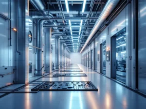 Moderne Elektronikproduktionsanlage mit Reinraumarchitektur, Metallrohren und LED-Beleuchtung in Industrieumgebung