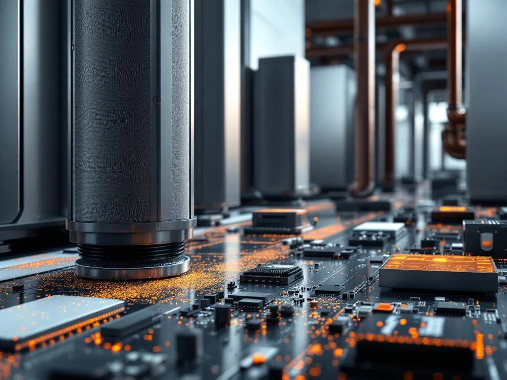 Elektronikplatinen mit Korrosionsspuren in moderner Produktionsanlage mit Luftfiltersystemen und industrieller Beleuchtung