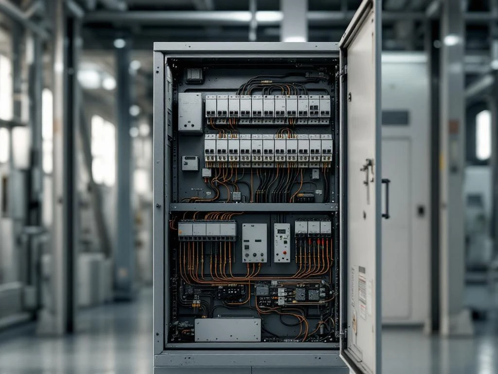 Offener Elektroschaltschrank mit Verkabelung, Sicherungen und leichten Korrosionsspuren in Industrieumgebung