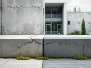 Verwitterter Industriebeton mit Rissen neben gepflegter Oberfläche, moderne Architektur im Hintergrund, Moos-Akzente