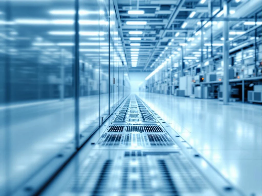 Industrielle Elektronikfertigung mit metallischen Schalttafeln und Leiterplatten in Weiß und Stahlblau