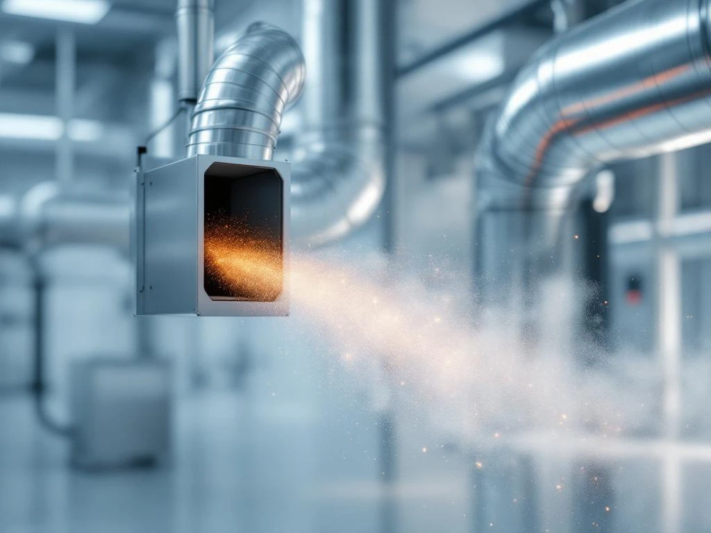 Industrielle Lüftungsrohre mit entweichenden Geruchspartikeln durch Spalten im Belüftungssystem einer sauberen Anlage