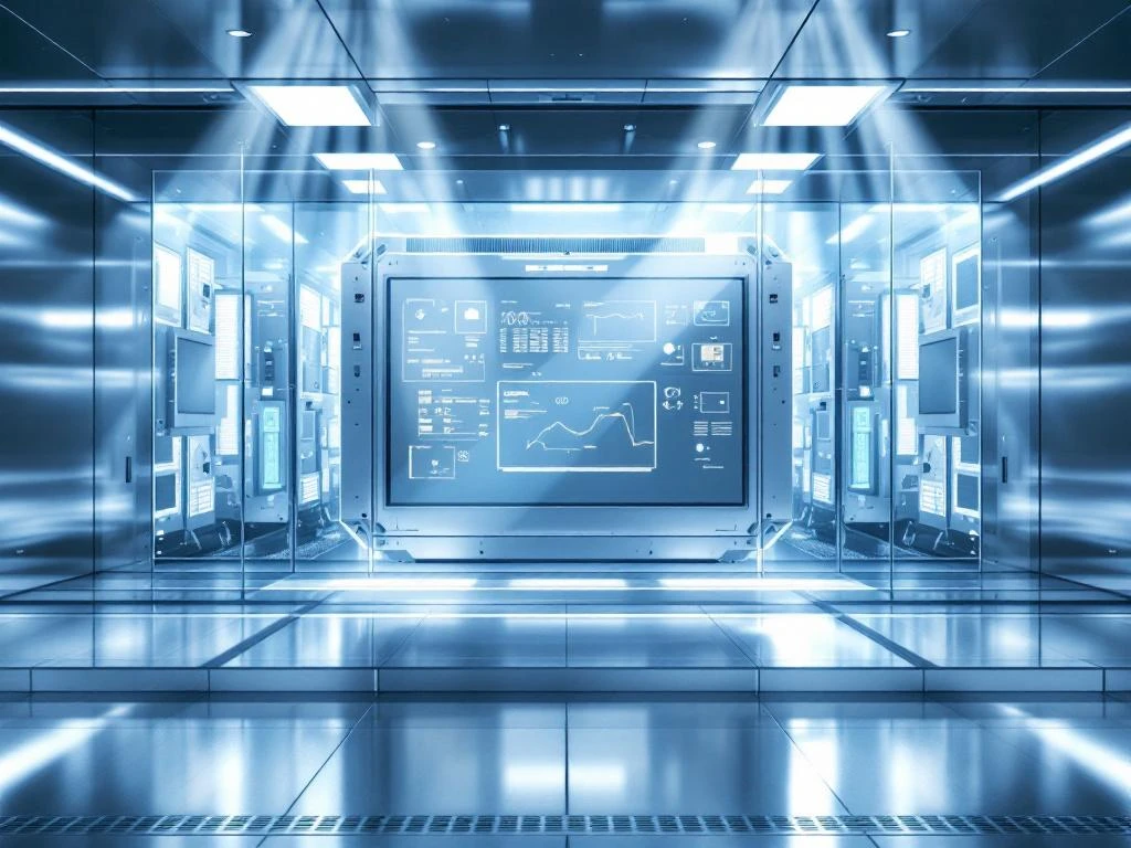 Moderne industrielle Kontrollraum mit elektronischen Panels, Monitoren und fortschrittlicher Luftfilterung in blau-weißer Umgebung