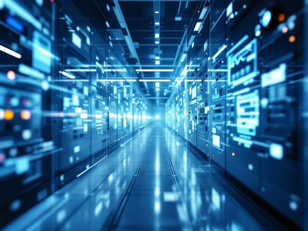 Moderne Industrieleitstelle mit elektronischen Kontrollpanels und Luftfiltersystem in blau-grauen Tönen