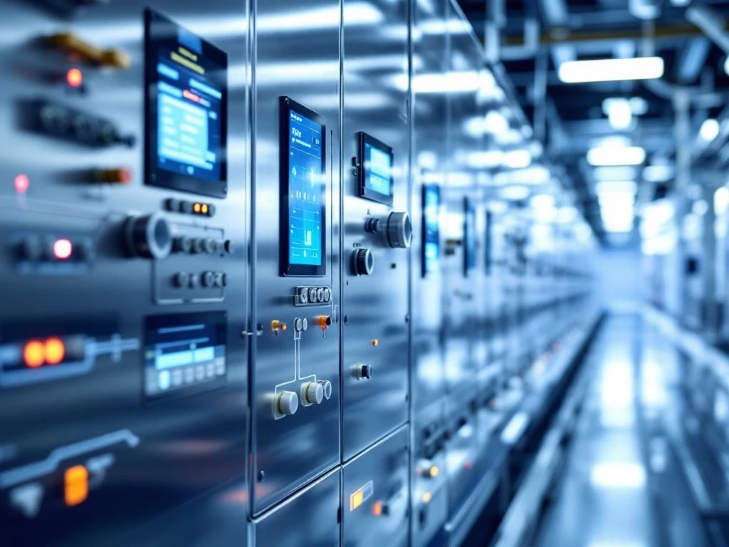 Industrielle Elektronik-Steuerungsanlage mit korrosionsfreien Metalloberflächen in moderner Produktionsstätte