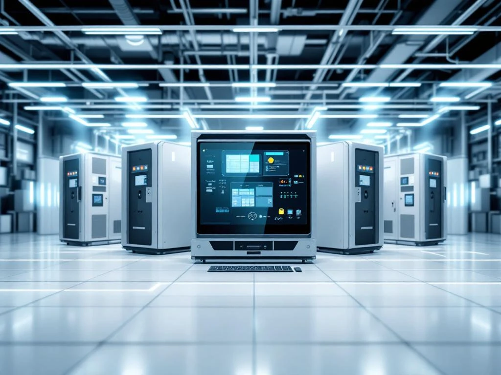 Industrielle Kontrollraum mit elektronischen Geräten und Luftfilteranlagen im Hintergrund für saubere Arbeitsumgebung