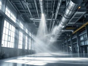 Industrielle Produktionshalle mit modernen Luftfiltersystemen und Belüftungsanlagen zur Staubentfernung