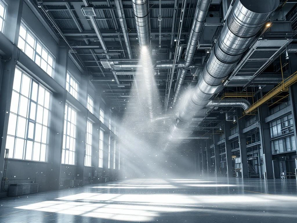 Industrielle Produktionshalle mit modernen Luftfiltersystemen und Belüftungsanlagen zur Staubentfernung