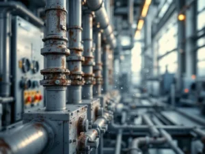 Korrodierte Metallrohre und Bedienfelder in Industrieanlage zeigen Luftverschmutzungsschäden mit schwebenden Partikeln
