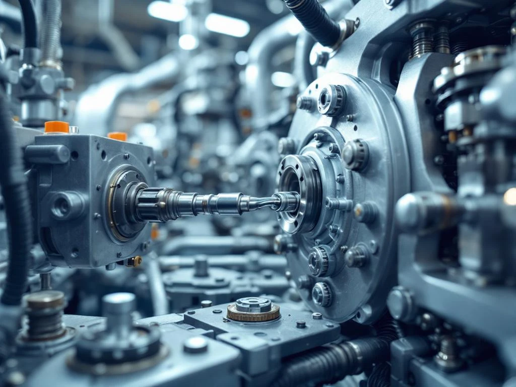 Präzisionsgefertigte Industriemaschinen-Komponenten mit glänzenden Metalloberflächen und professioneller Wartung