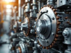 Gut gewartete Industriemaschinen-Komponenten mit Zahnrädern, Rohren und Bedienfeldern in einer Fabrik