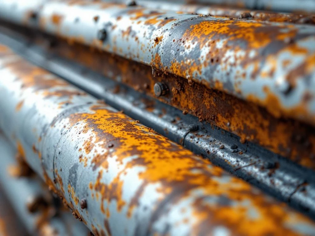 Industrielle Metallrohre mit orangebraunen Rostflecken auf verwitterten Stahloberflächen in Nahaufnahme