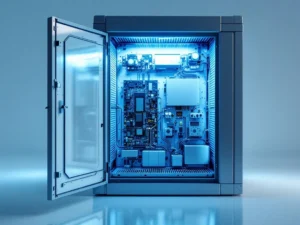 Offener Industrie-Schaltschrank mit sauberen elektronischen Komponenten und integriertem Luftfiltersystem