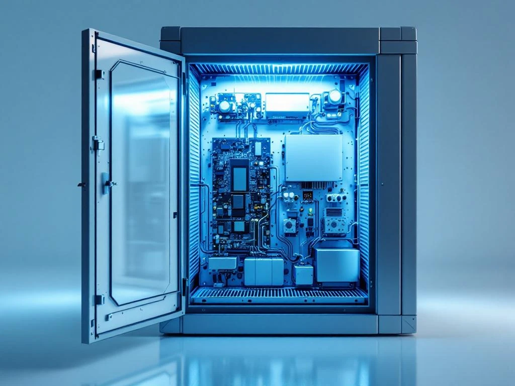 Offener Industrie-Schaltschrank mit sauberen elektronischen Komponenten und integriertem Luftfiltersystem