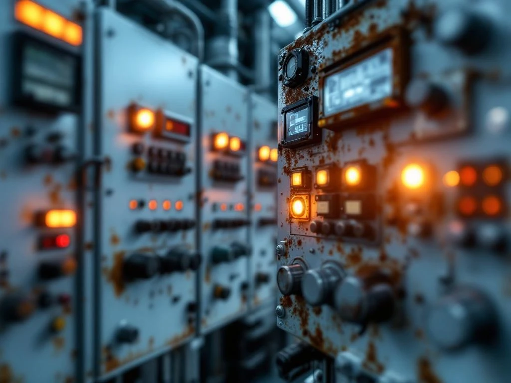 Industrielle Steuerungspanels mit Korrosionsspuren und Verschleiß, beleuchtet von Warnleuchten in moderner Fabrikanlage