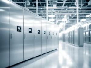 Moderne Industriesteuerungsanlagen mit LED-Anzeigen und Luftfiltersystemen in sauberer Produktionshalle