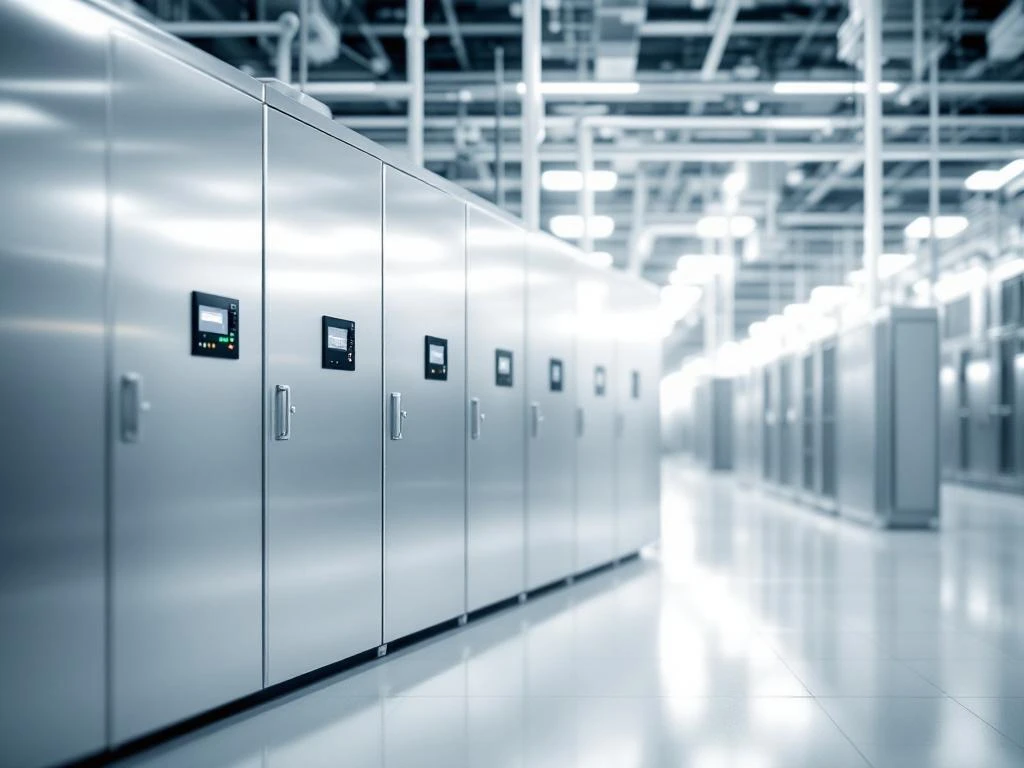 Moderne Industriesteuerungsanlagen mit LED-Anzeigen und Luftfiltersystemen in sauberer Produktionshalle