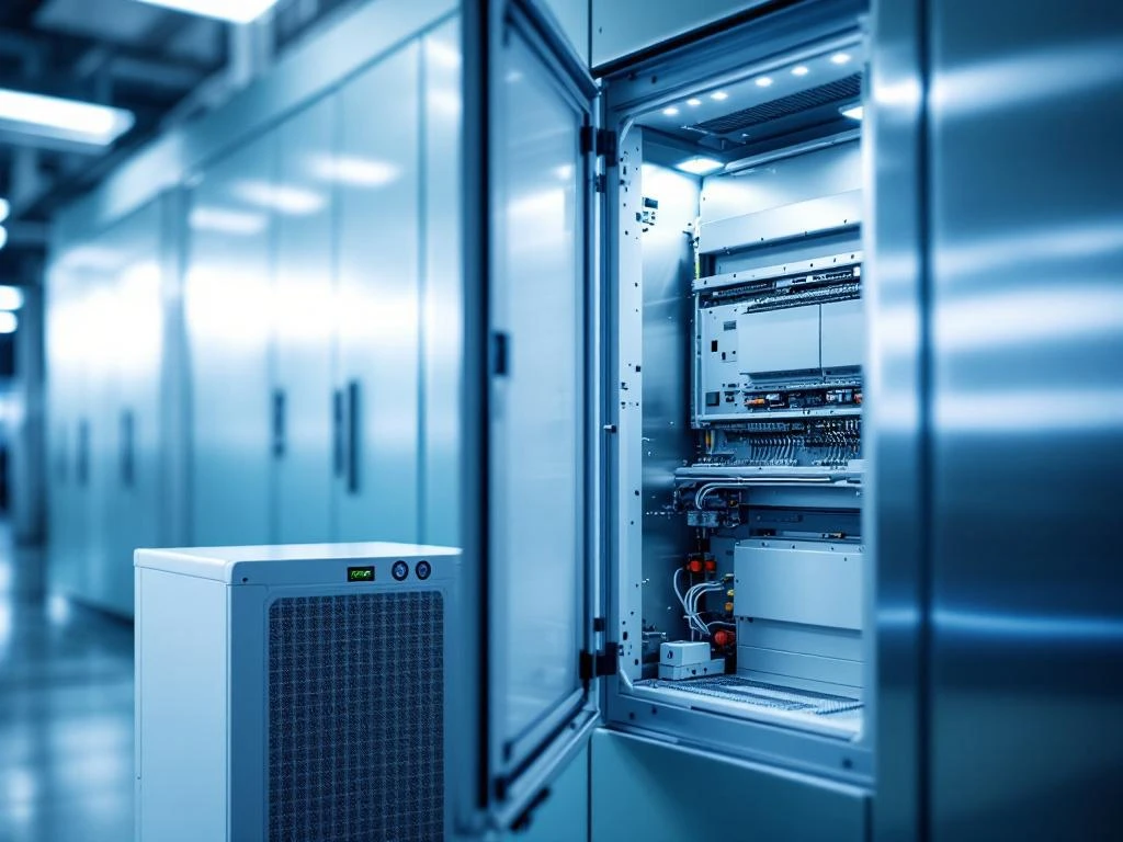 Offener Industrieschaltschrank mit organisierten Elektronikkomponenten neben Luftfiltergerät in metallischer Umgebung