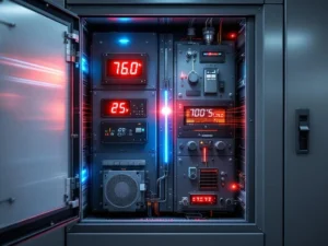 Industrieller Elektroschrank mit offener Tür zeigt digitales Temperaturmessgerät mit roter Warnanzeige und Kühlsystem