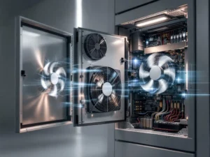 Offener Industrieschaltschrank mit Lüftungssystem und organisierten Steuerungskomponenten im Innenbereich