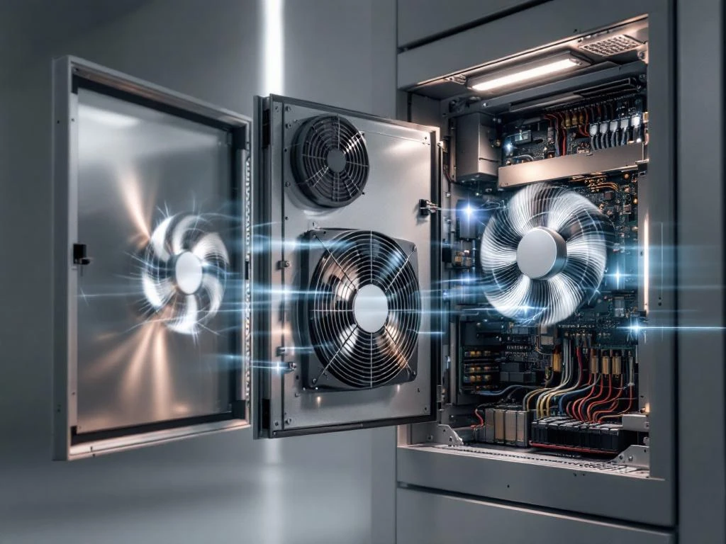 Offener Industrieschaltschrank mit Lüftungssystem und organisierten Steuerungskomponenten im Innenbereich