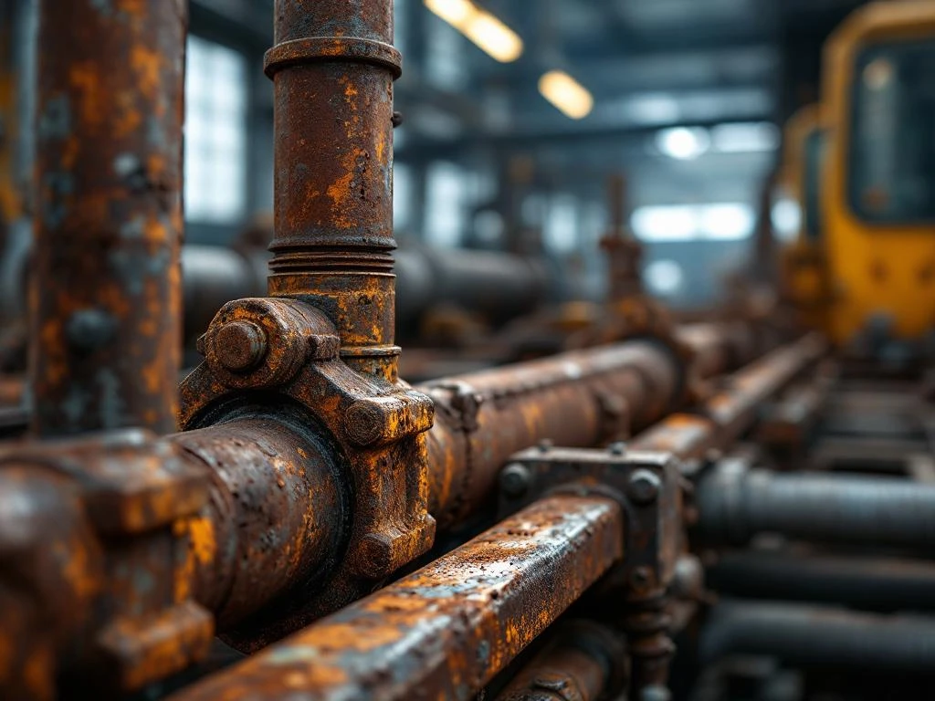 Korrodierte Industriemetall-Komponenten mit rostigen Rohren, Bolzen und Stahlträgern in Fabrikumgebung
