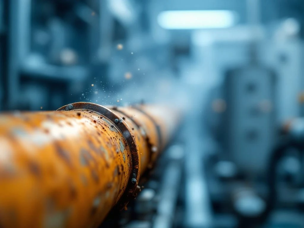 Korrodierte Metallrohre mit Rost im Vordergrund, unscharfe Luftfilteranlage im Hintergrund einer Industrieanlage