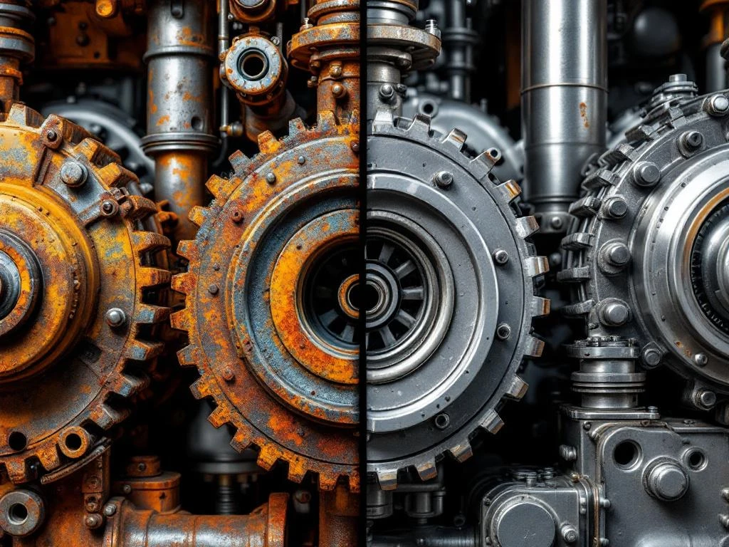 Industrielle Maschinenteile: rostiges, korrodiertes Metall links neben glänzendem Edelstahl rechts zeigt Korrosionsschäden
