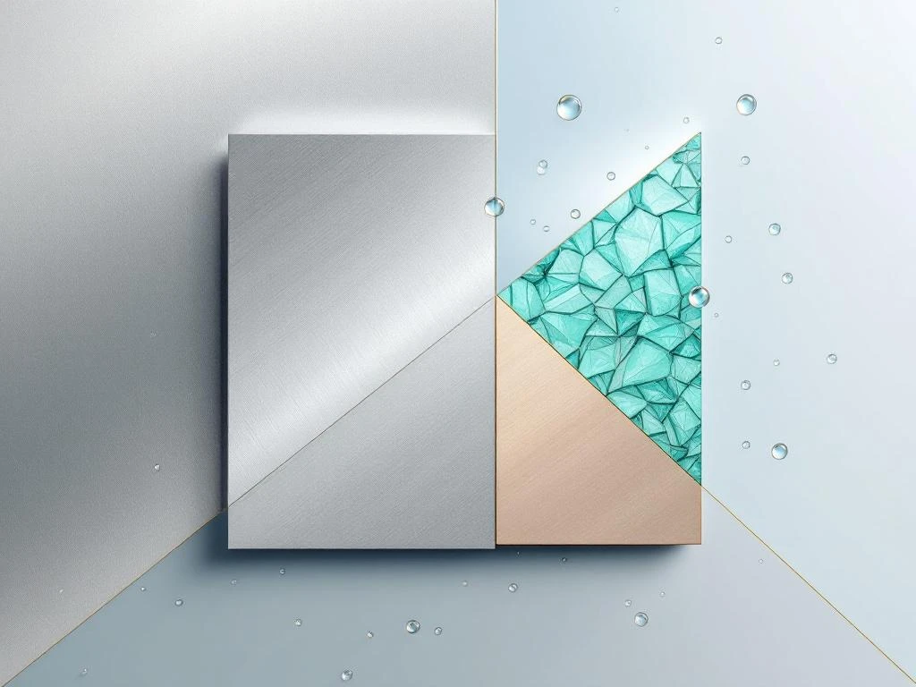 Metallische Oberfläche mit Silber und türkisgrüner Korrosion, geometrische Formen zeigen elektrochemische Reaktion