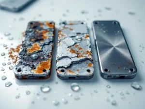 Drei Metallproben zeigen verschiedene Korrosionsstadien: rostig, teilweise beschichtet und rostfreier Stahl