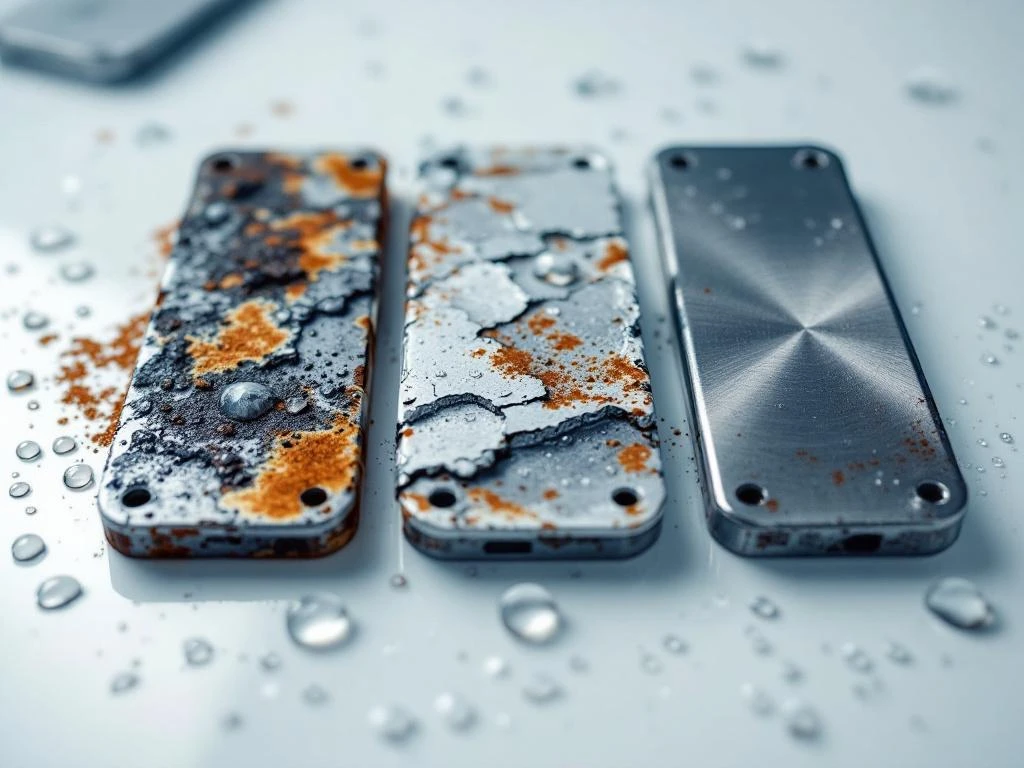 Drei Metallproben zeigen verschiedene Korrosionsstadien: rostig, teilweise beschichtet und rostfreier Stahl