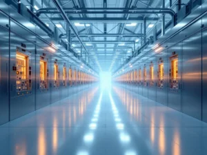 Moderne Elektronikfertigung mit Korrosionsschutz, metallische Produktionslinien und Leiterplatten in sterilem Reinraum