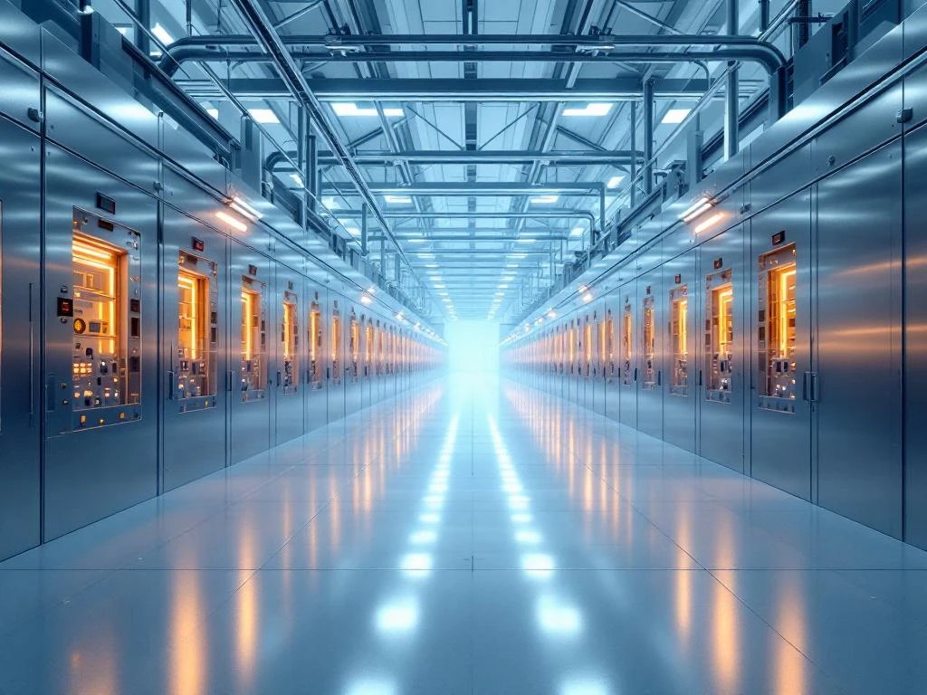 Moderne Elektronikfertigung mit Korrosionsschutz, metallische Produktionslinien und Leiterplatten in sterilem Reinraum