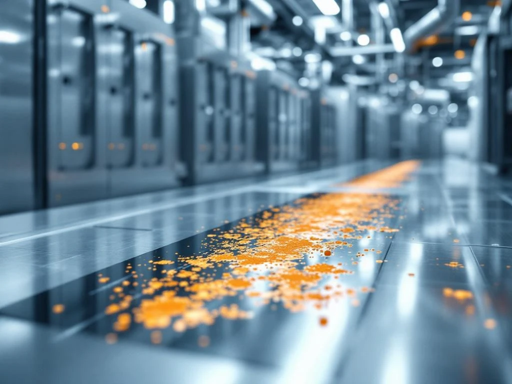 Industrielle Steuerungsanlage mit Korrosionsspuren auf Leiterplatten und Metallkomponenten in modernem Reinraum