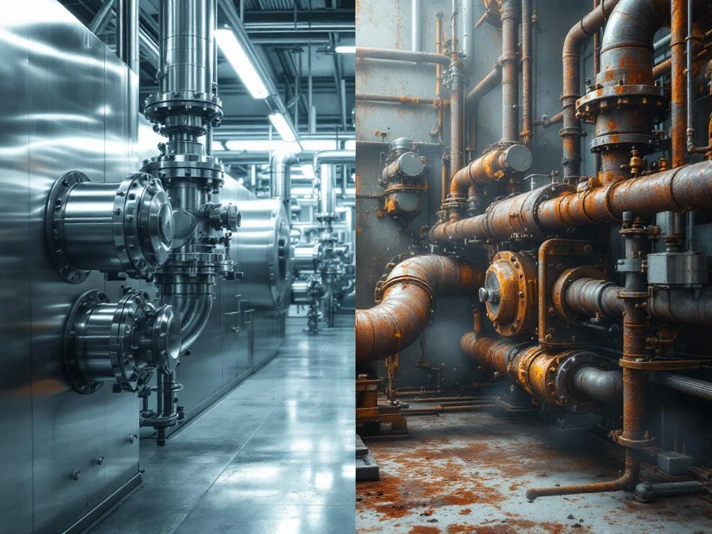 Vergleich von neuen glänzenden Edelstahl-Industrieanlagen links und rostigen, korrodierten Metallkomponenten rechts