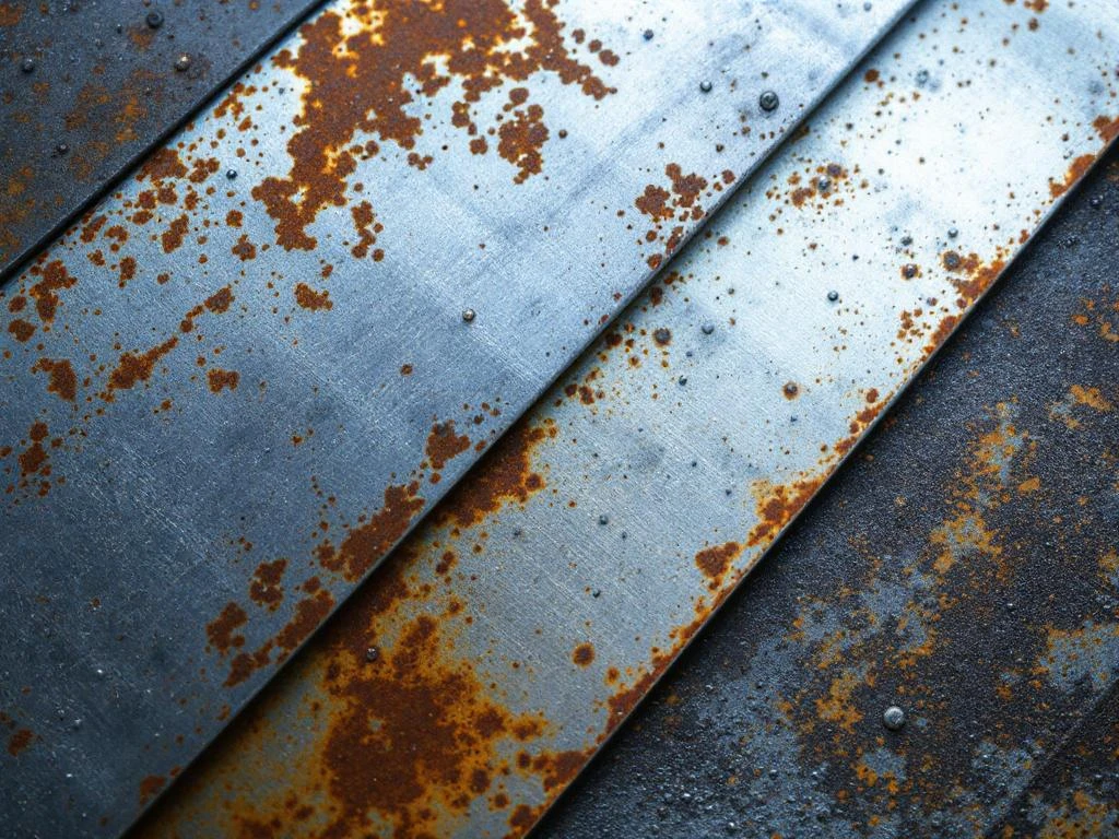 Industrielle Metalloberflächen mit verschiedenen Korrosionsschutzverfahren, Beschichtungen und Rostmustern im Detail