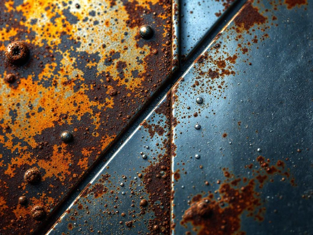 Industrielle Metalloberflächen: rostige, korrodierte Seite kontrastiert mit glänzender, geschützter Metallbeschichtung