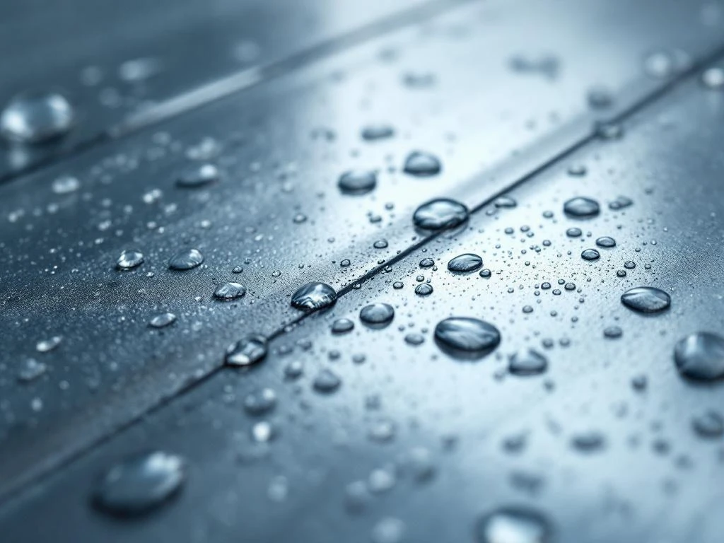 Metallschutzschicht mit Wassertropfen auf behandelter Oberfläche, Vergleich zu unbehandeltem Metall, Korrosionsschutz