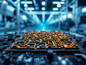 Korrodierte Leiterplatte im Fokus vor unscharfen Fabrikmaschinen, Rostmuster auf Elektronik in moderner Produktionshalle
```
Character count: 124
```