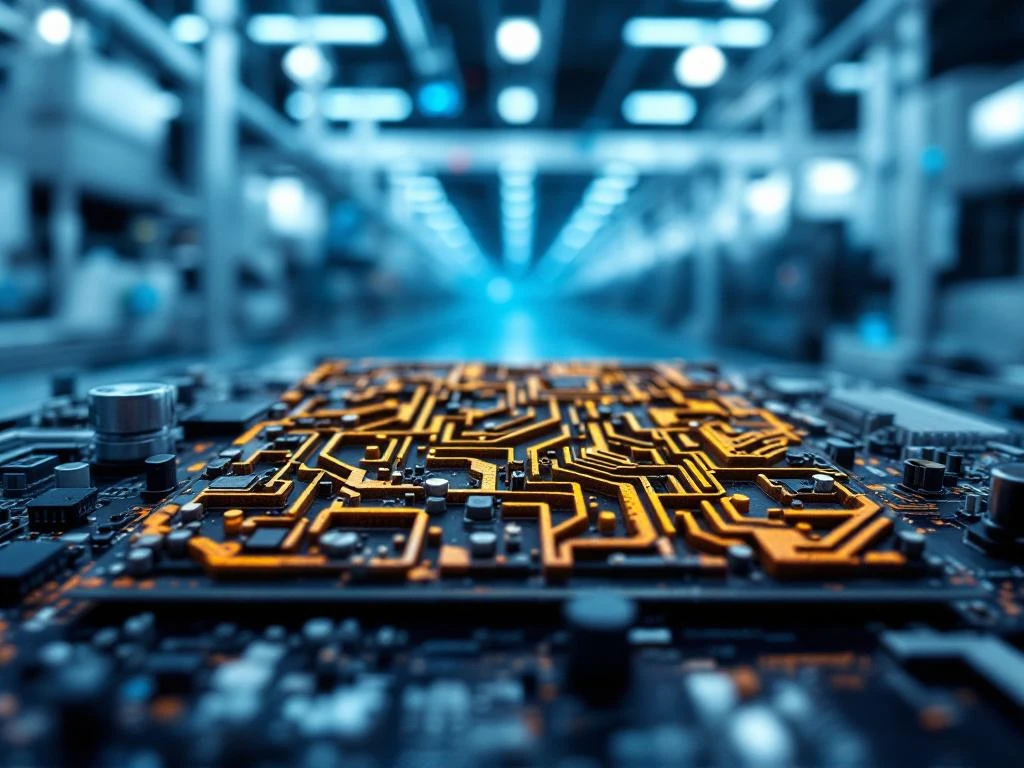 Korrodierte Leiterplatte im Fokus vor unscharfen Fabrikmaschinen, Rostmuster auf Elektronik in moderner Produktionshalle


```
Character count: 124
```